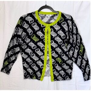 Crown Ivy Owl Print Cardigan Sweater Lime Green and Navy blue Trim Size L